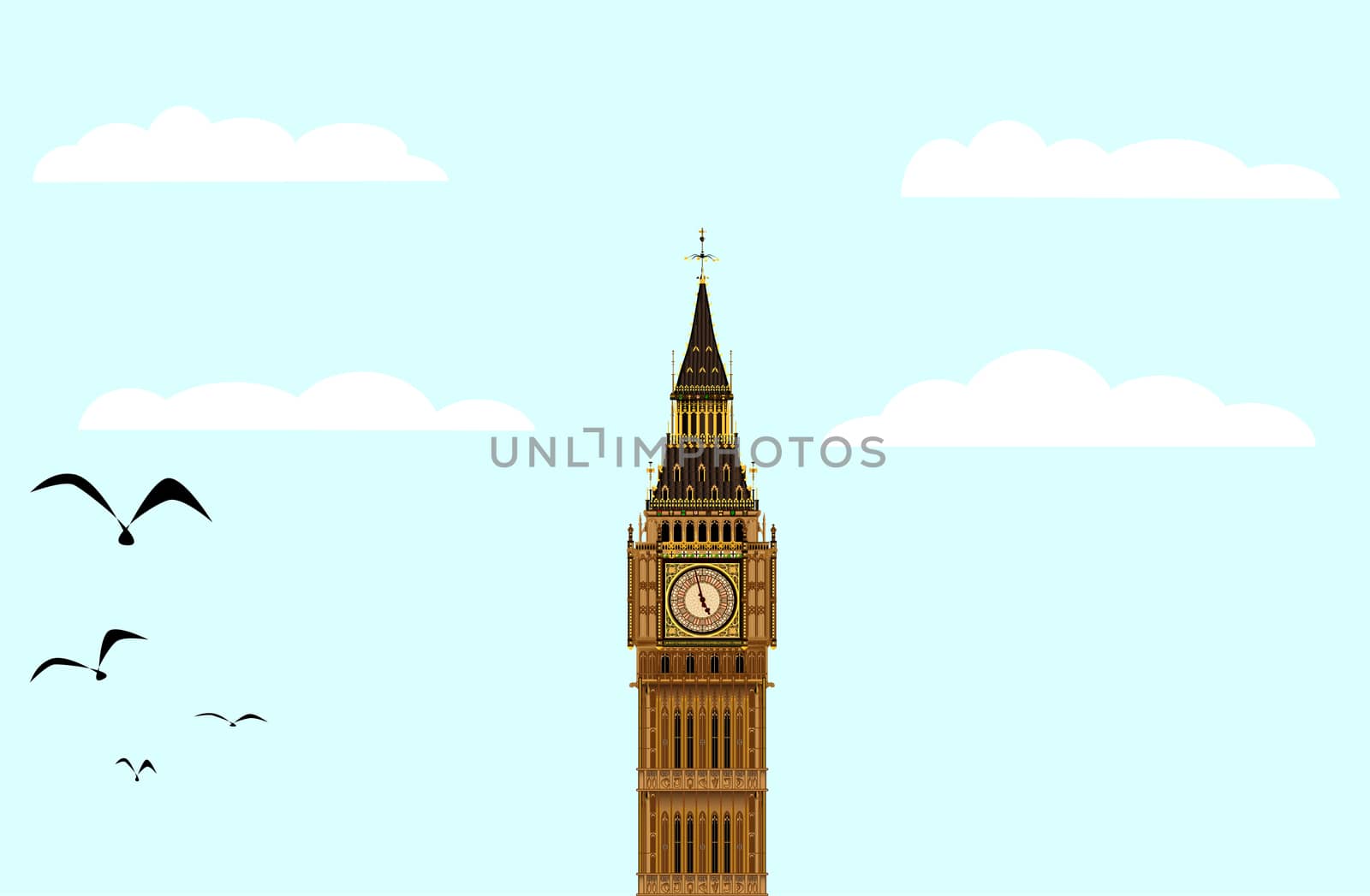 The London landmark Big Ben Clocktower at dawn against a blue sky with birds and clouds