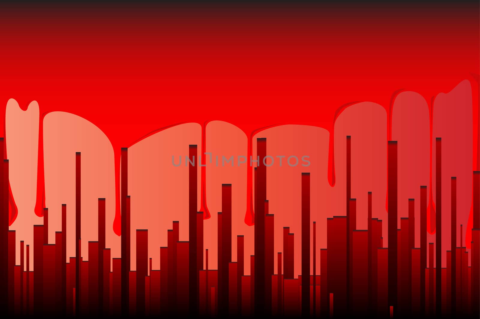 A cityscape in blood red with a backdrop od running blood.