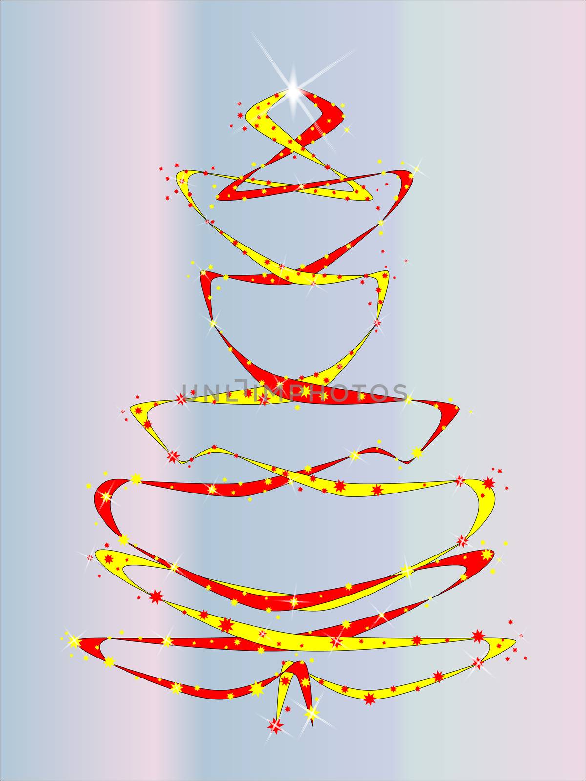 A christmas tree somprising of ribbons and stars.