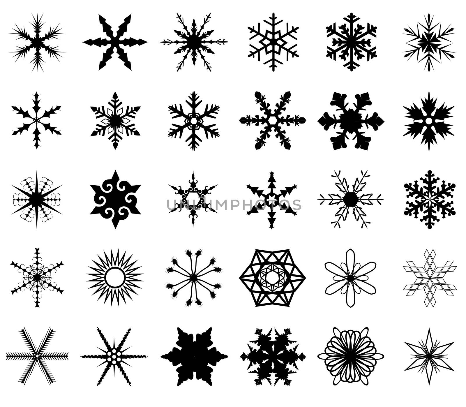 A collection of 30 different snowflakes isolated on a white background