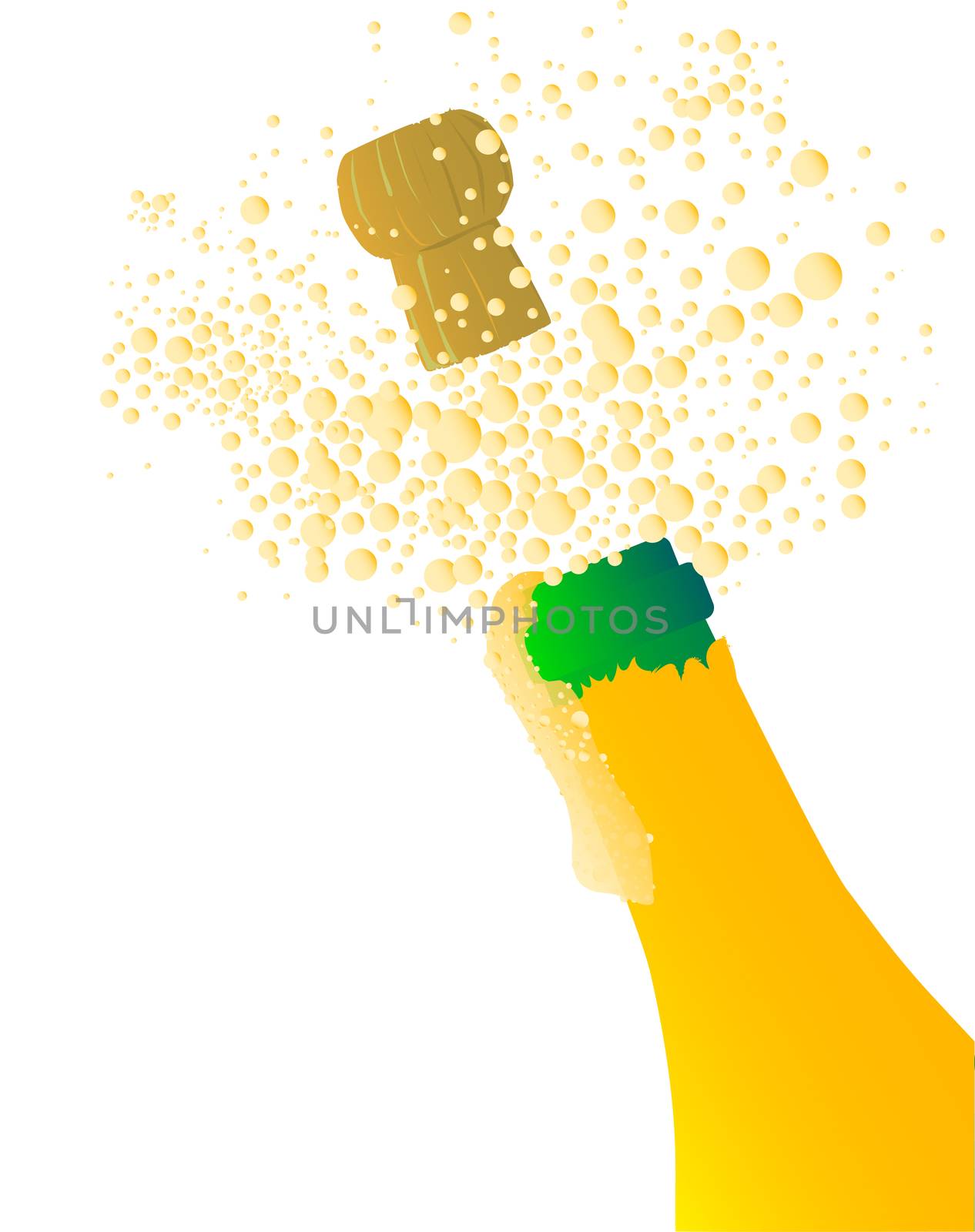 Champagne bottle being opened with froth and bubbles over a white background