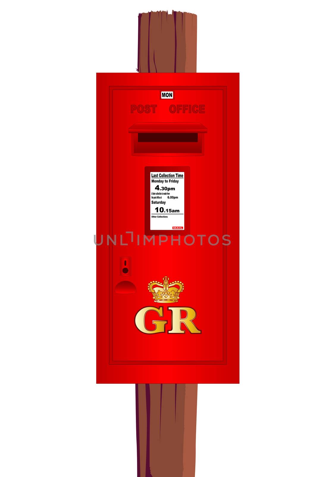 A pole mounted post box isolated on white.
