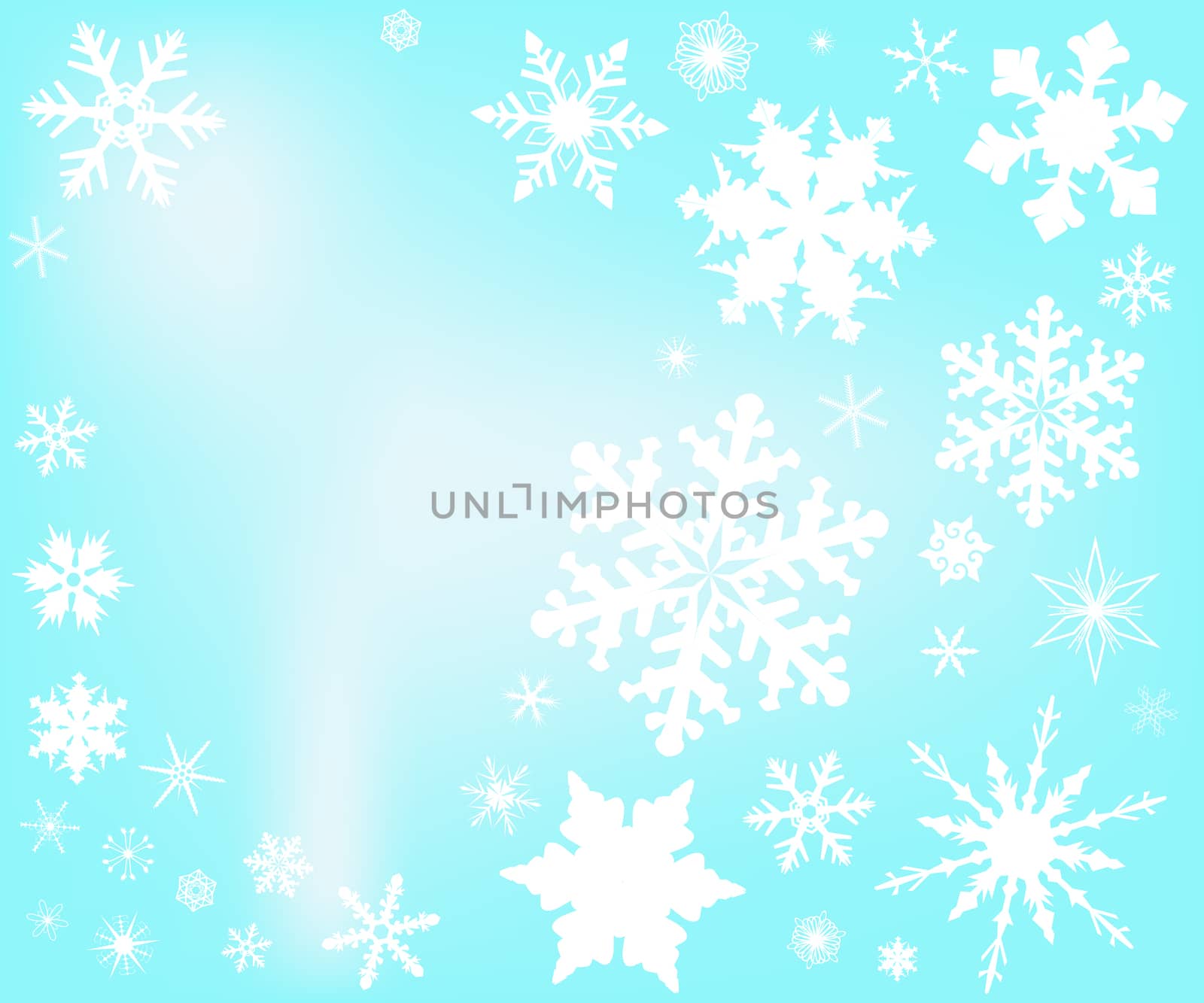 A backdrop of falling snowflakes against a light blue sky background.