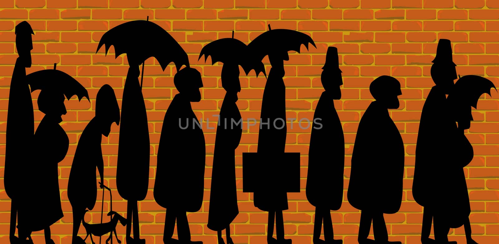 Silhouette of older people standing in line.