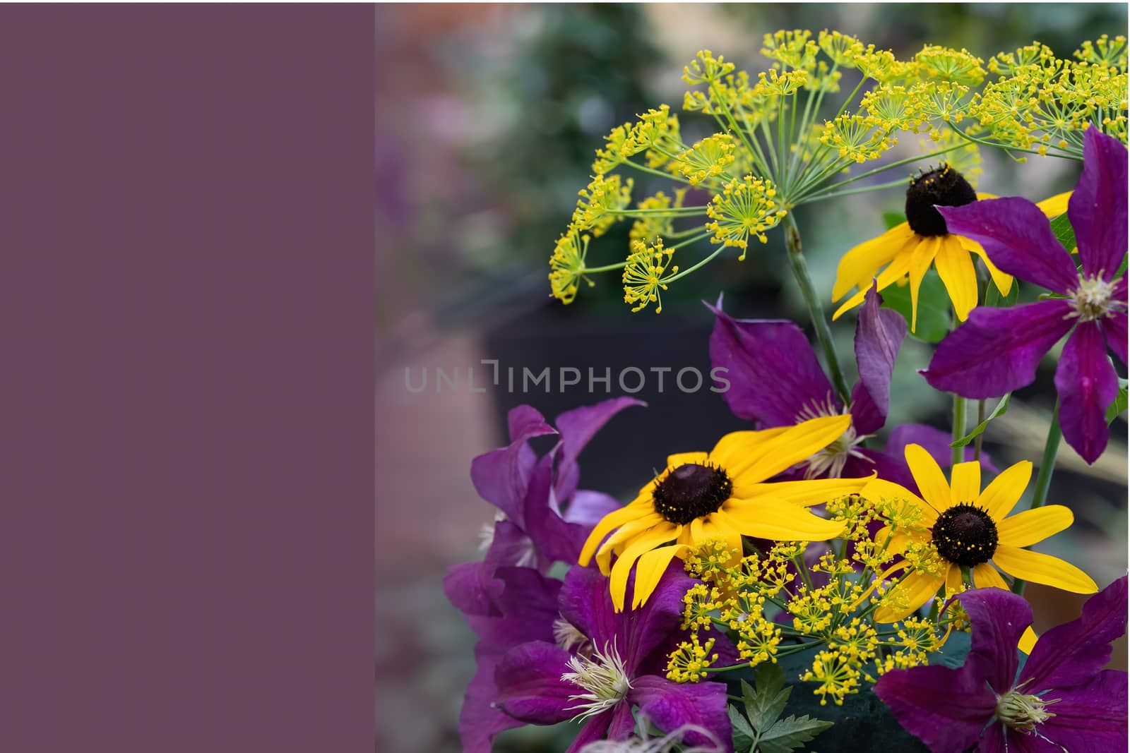 Bouquet of summer flowers with bokeh and copy space