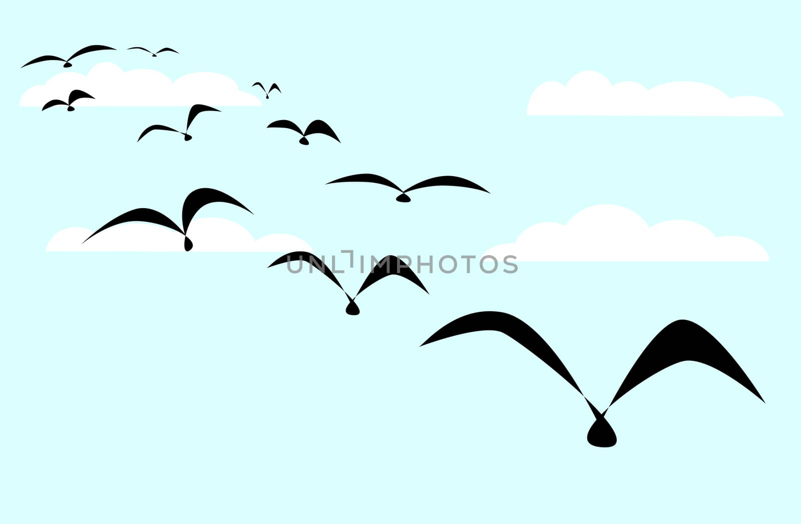 A flock of black birds set against a blue sky