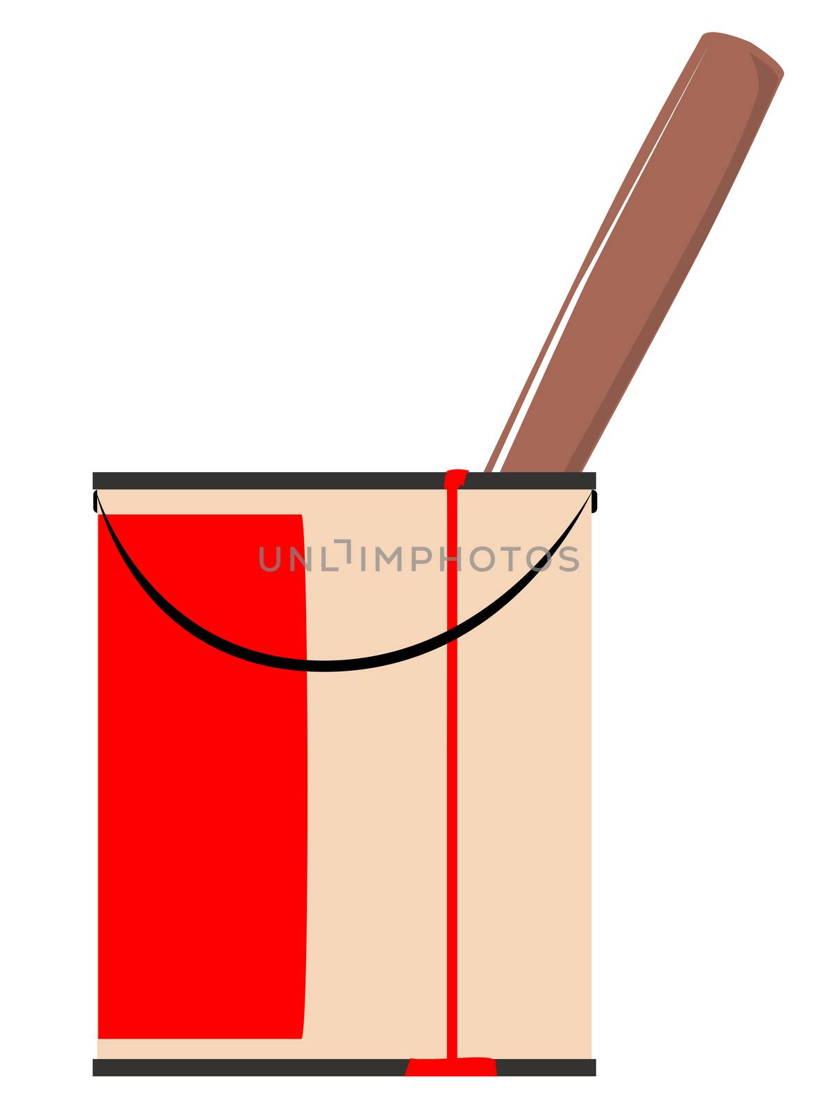 A tin of red paint with a run and drip mark down the side of the tin.