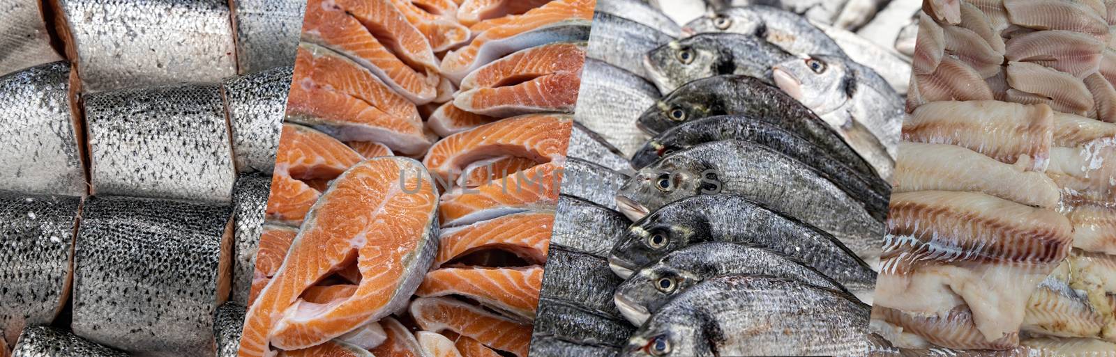 Freshwater fish and sea fish on an ice tray in a public outdoor supermarket. Collage