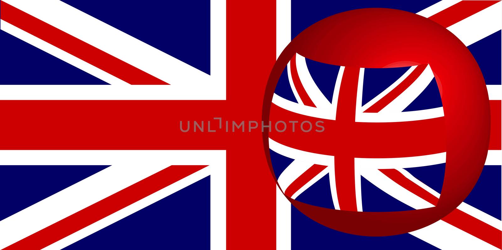 The British Union Flag, or Union Jack when used on board ship, as a background and reflected into a sphere.