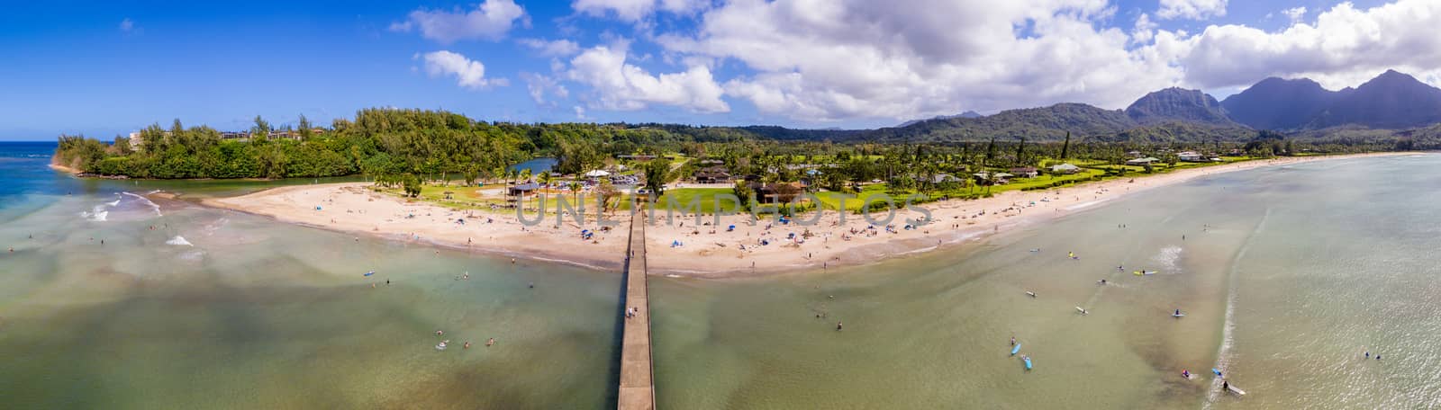 Aerial drone shot of Hanalei bay and beach on the north shore of Kauai in Hawaii by steheap