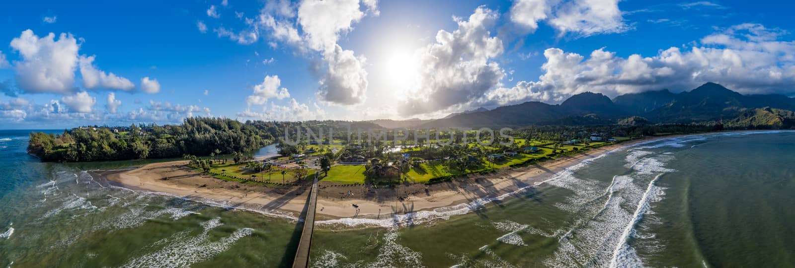 Aerial drone shot of Hanalei bay and beach on the north shore of Kauai in Hawaii by steheap