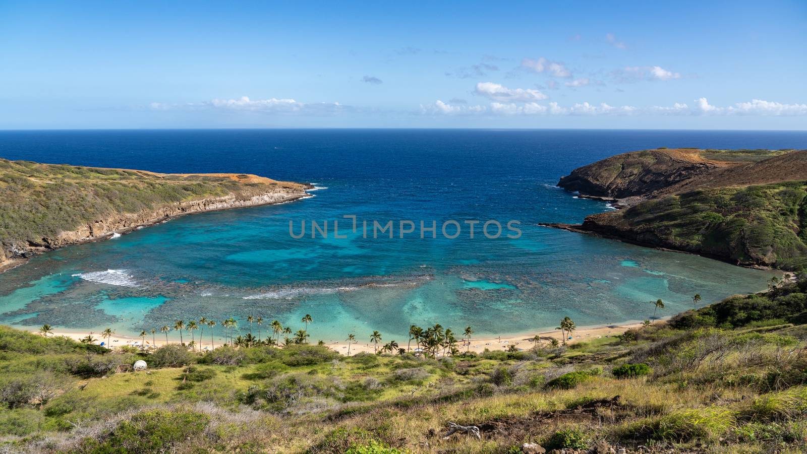 Panoramic view of the clear water of Hanauma Bay nature preserve near Waikiki on Oahu, Hawaii