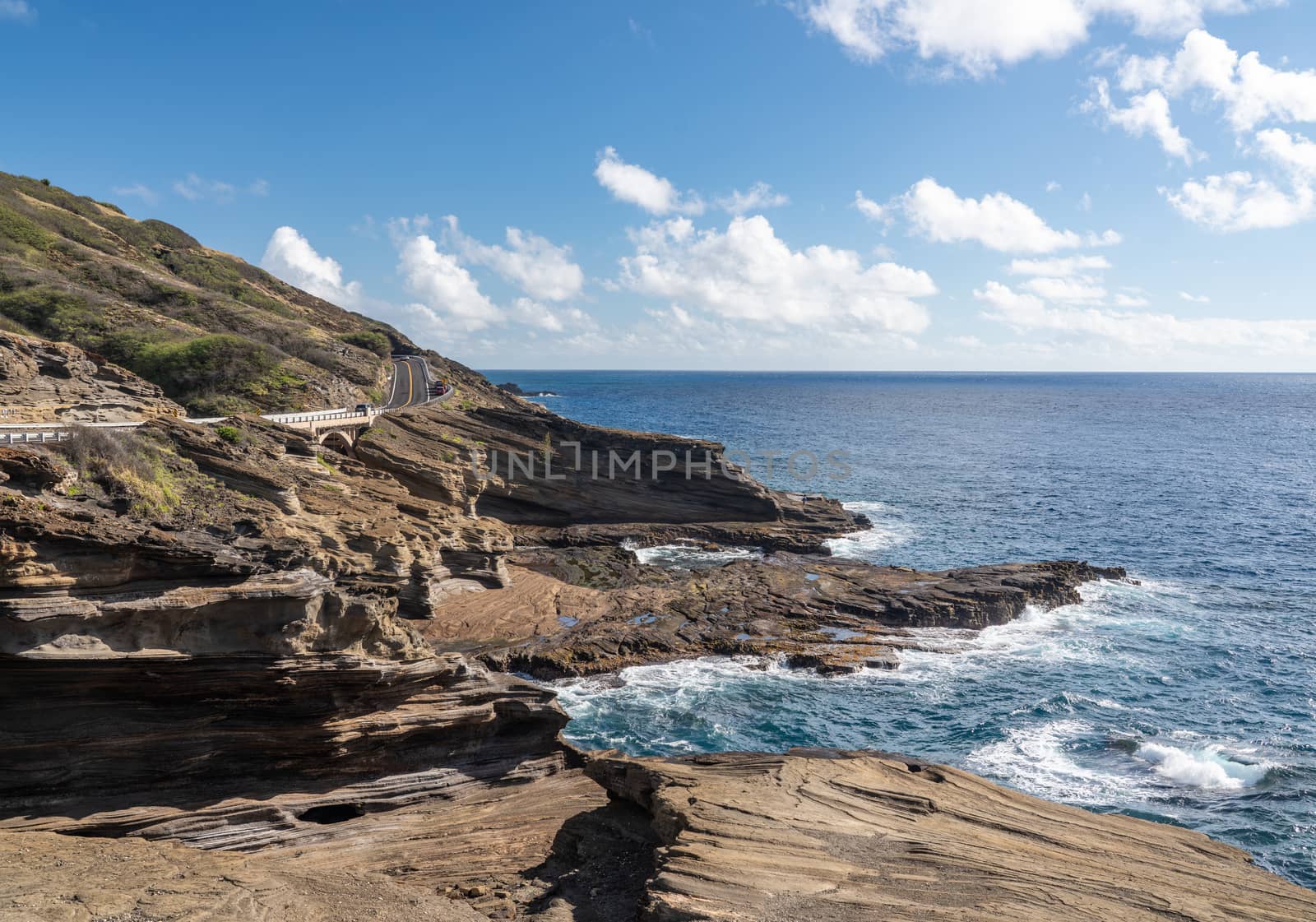 View from Halona Blowhole along the eroded coastline on the east coast of Oahu