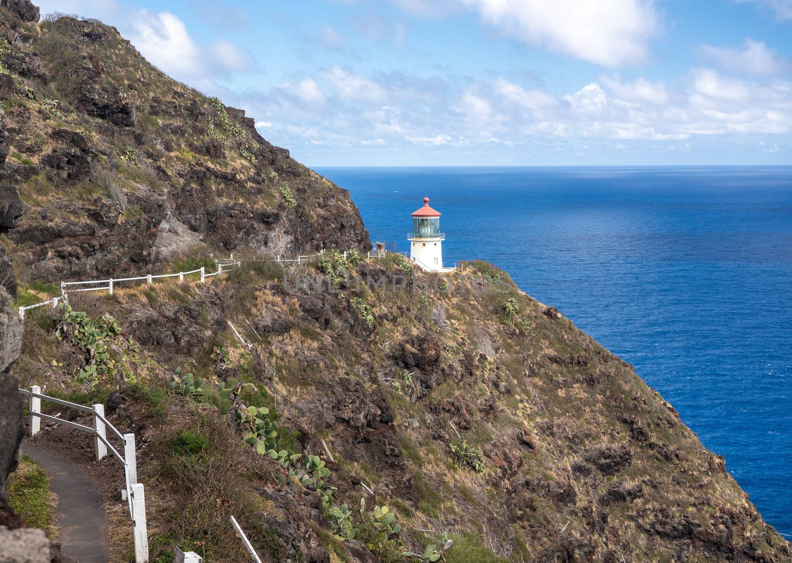 Old lighthouse on the cliff side on Makapu'u point on Oahu in Hawaii