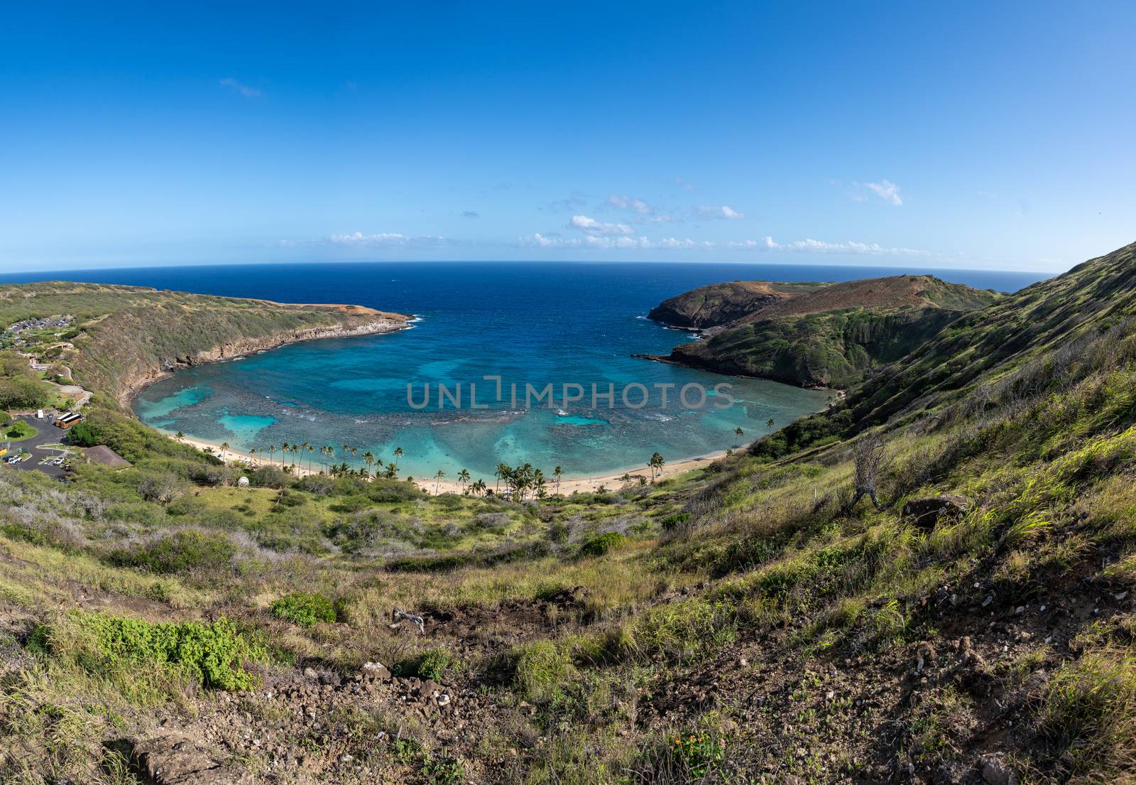 Panoramic view of the clear water of Hanauma Bay nature preserve near Waikiki on Oahu, Hawaii