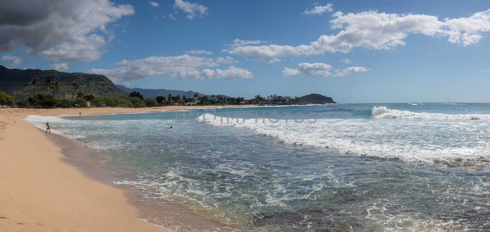 Winter waves crash on the broad sandy shore at Makaha beach park on Oahu by steheap