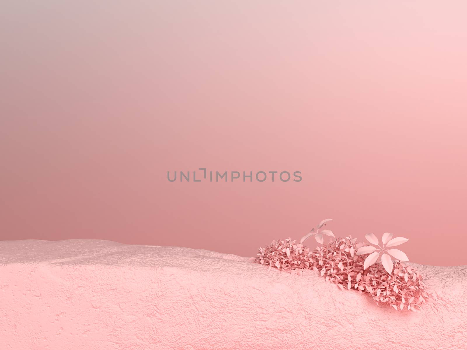 Pink pastel background with stone slab and plants behind it. 3d rendering illustration. by Vassiliy