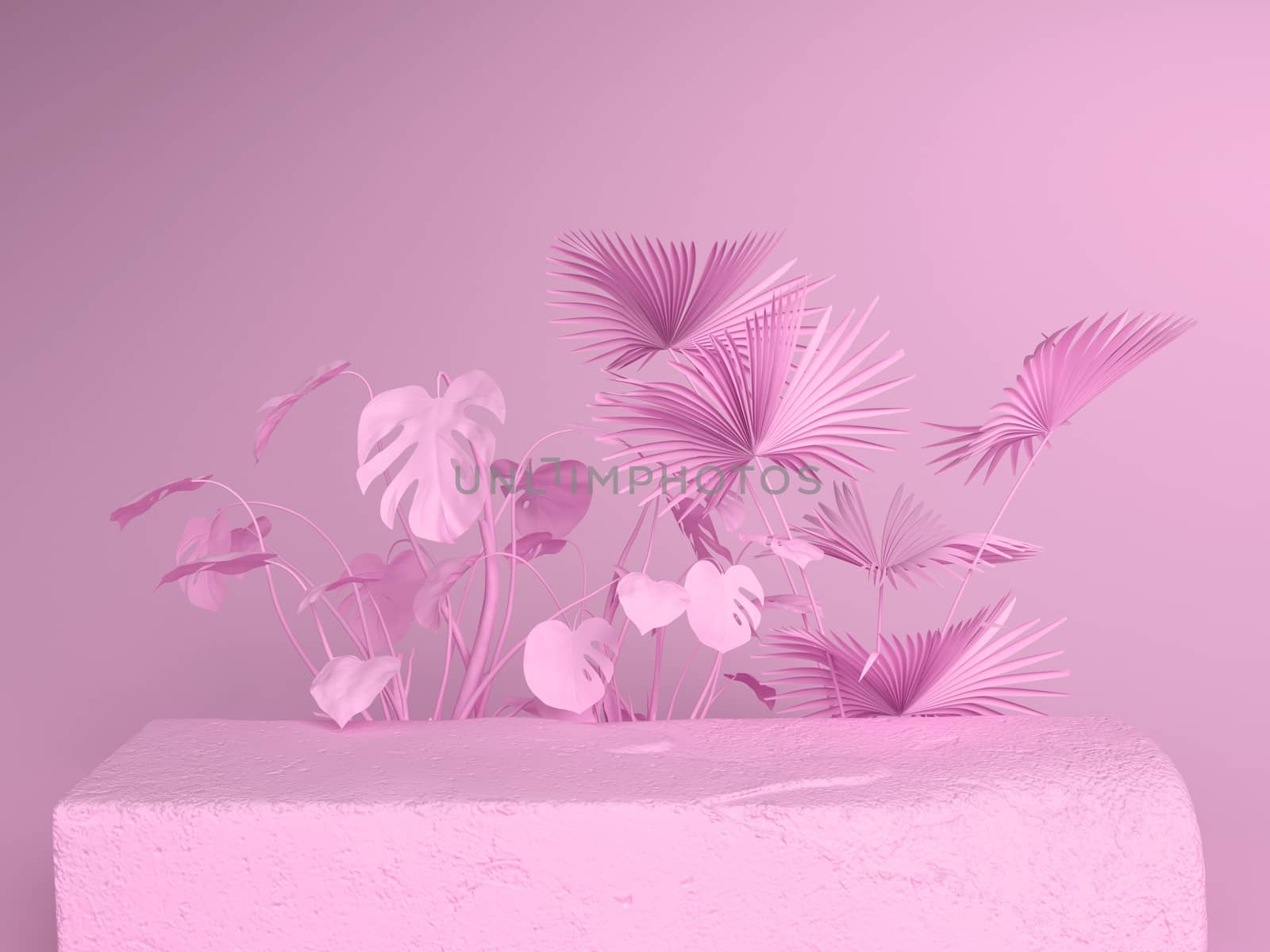 Pink pastel background with stone slab and plants behind it. 3d rendering illustration. by Vassiliy