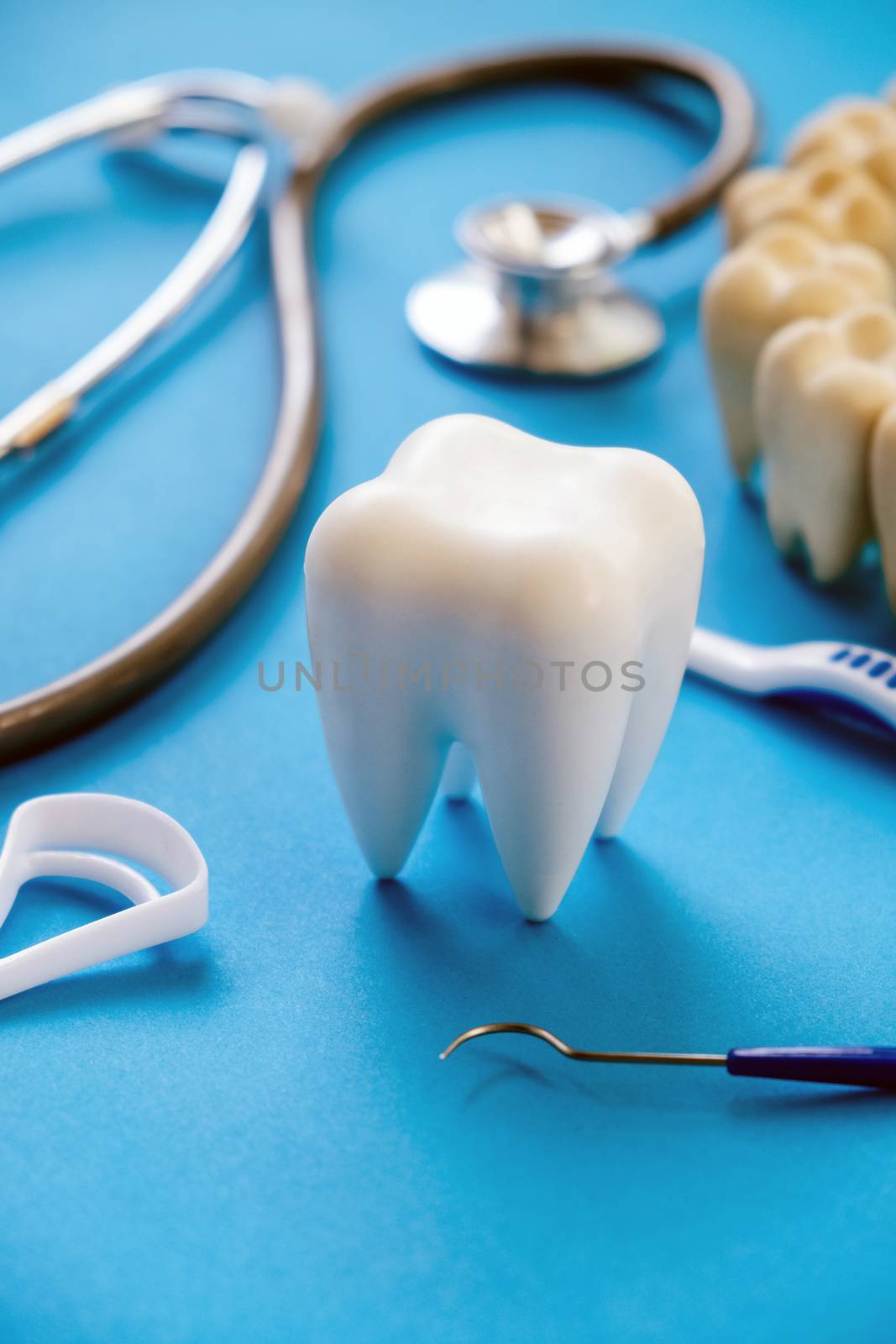 Dental model and dental equipment on blue background, concept image of dental background. dental hygiene background