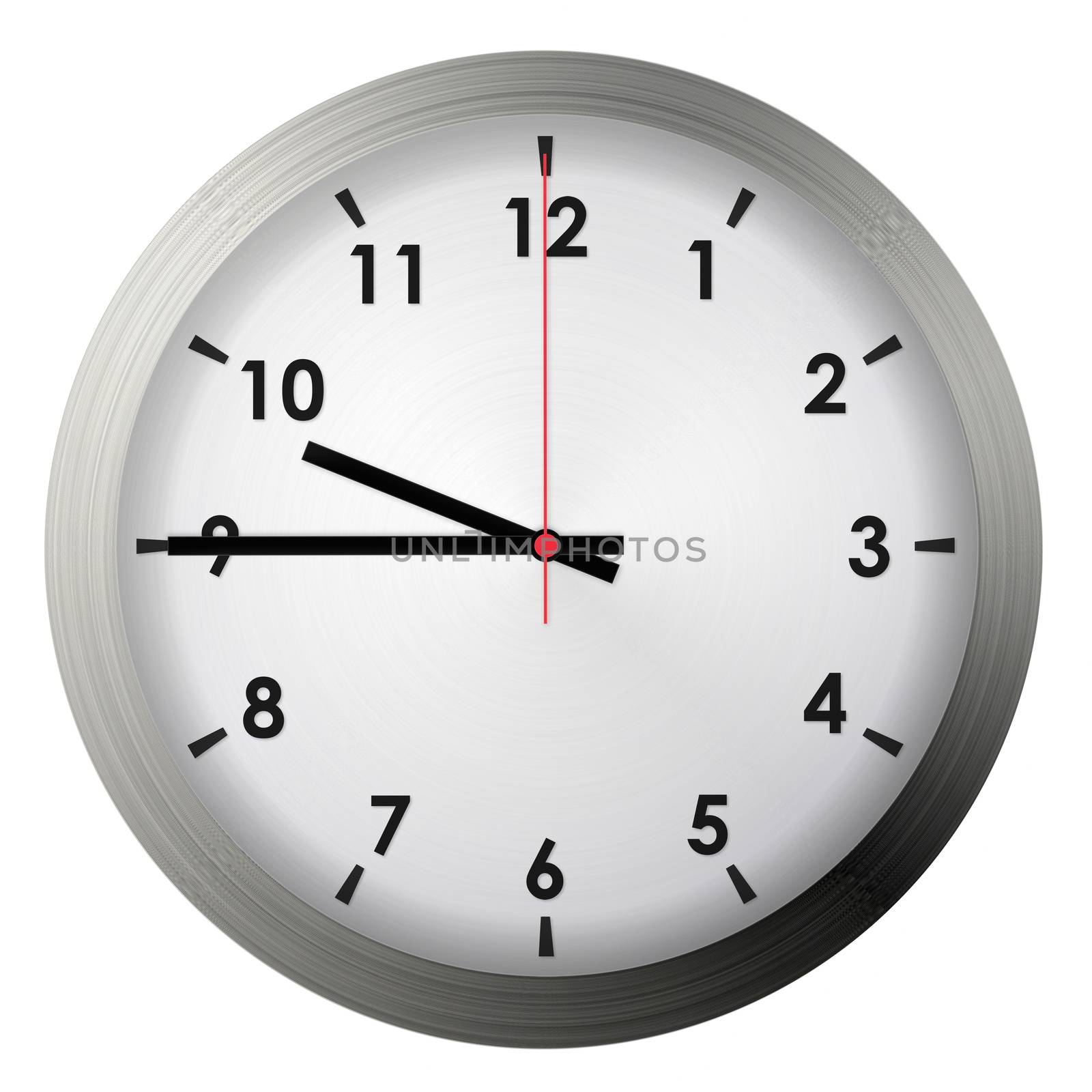 Analog metal wall clock isolated on white background.