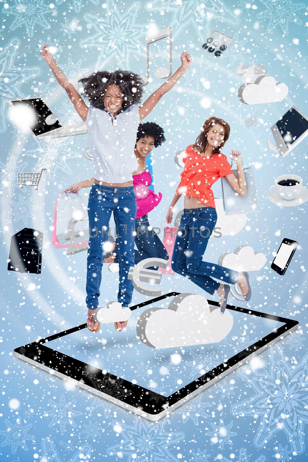 Composite image of a Three cute women jumping on a tablet pc against snow falling