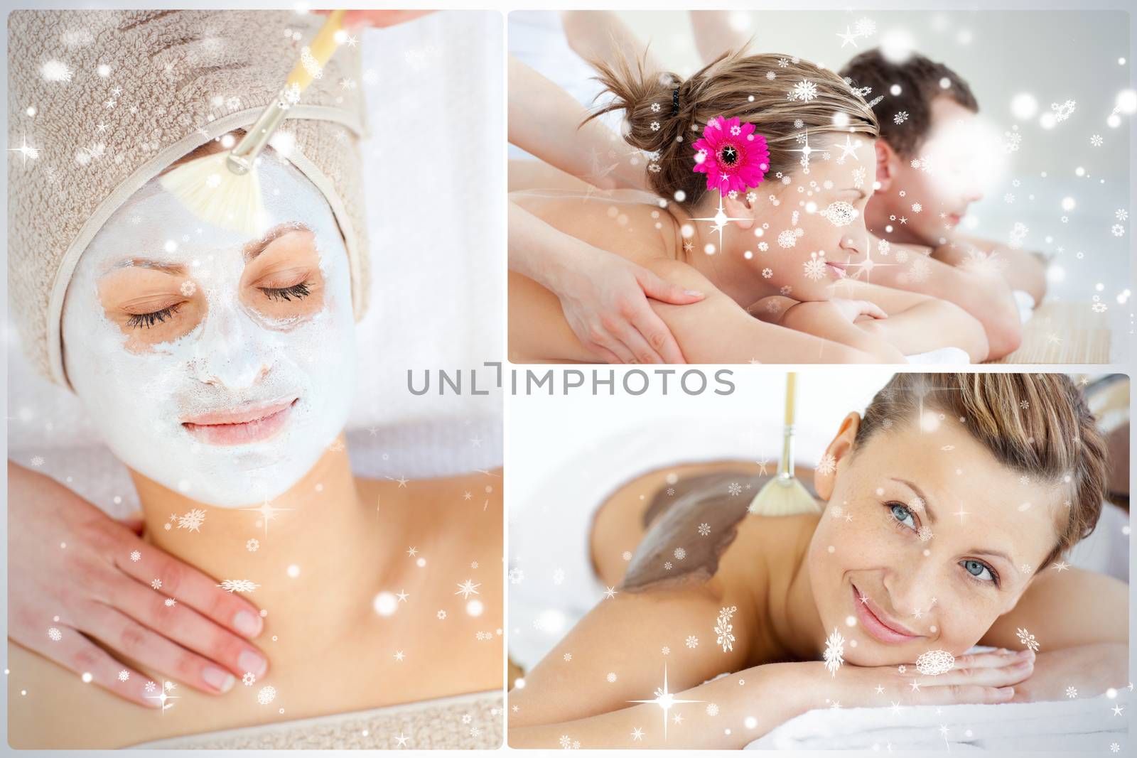 Collage of an attractive couple having relaxation treatments against snow falling