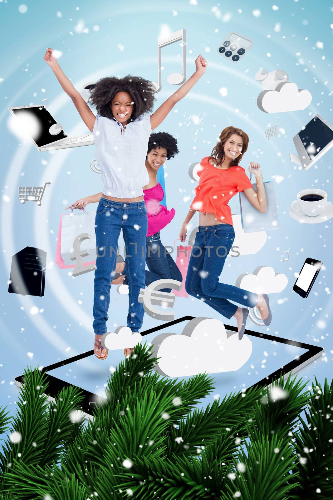 Composite image of a Three cute women jumping on a tablet pc against snow falling