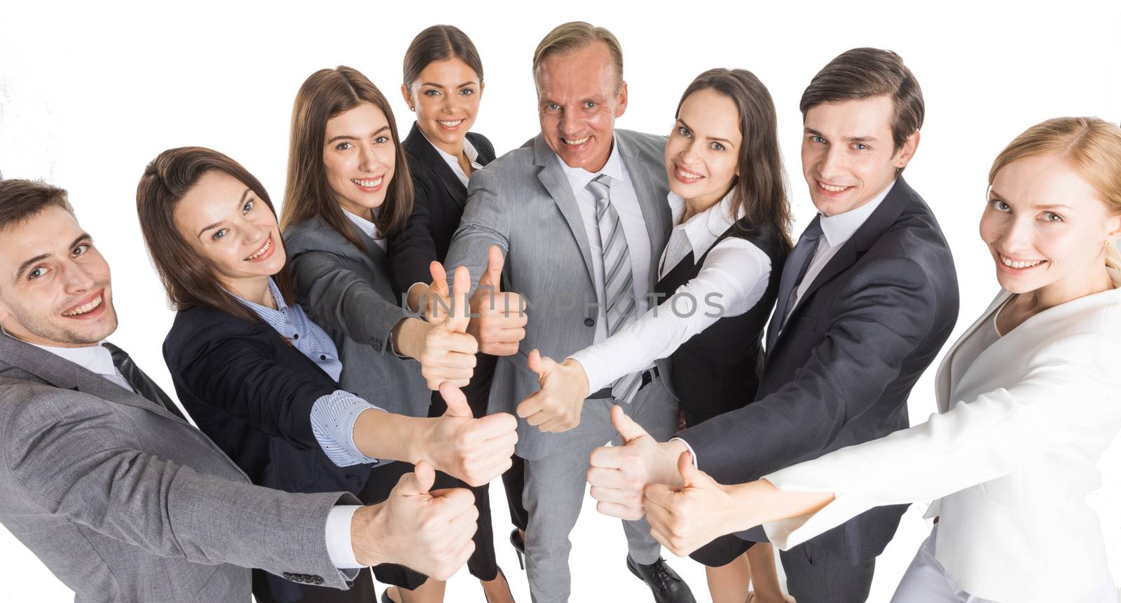 Team of happy successful business people with thumb up isolated over white background