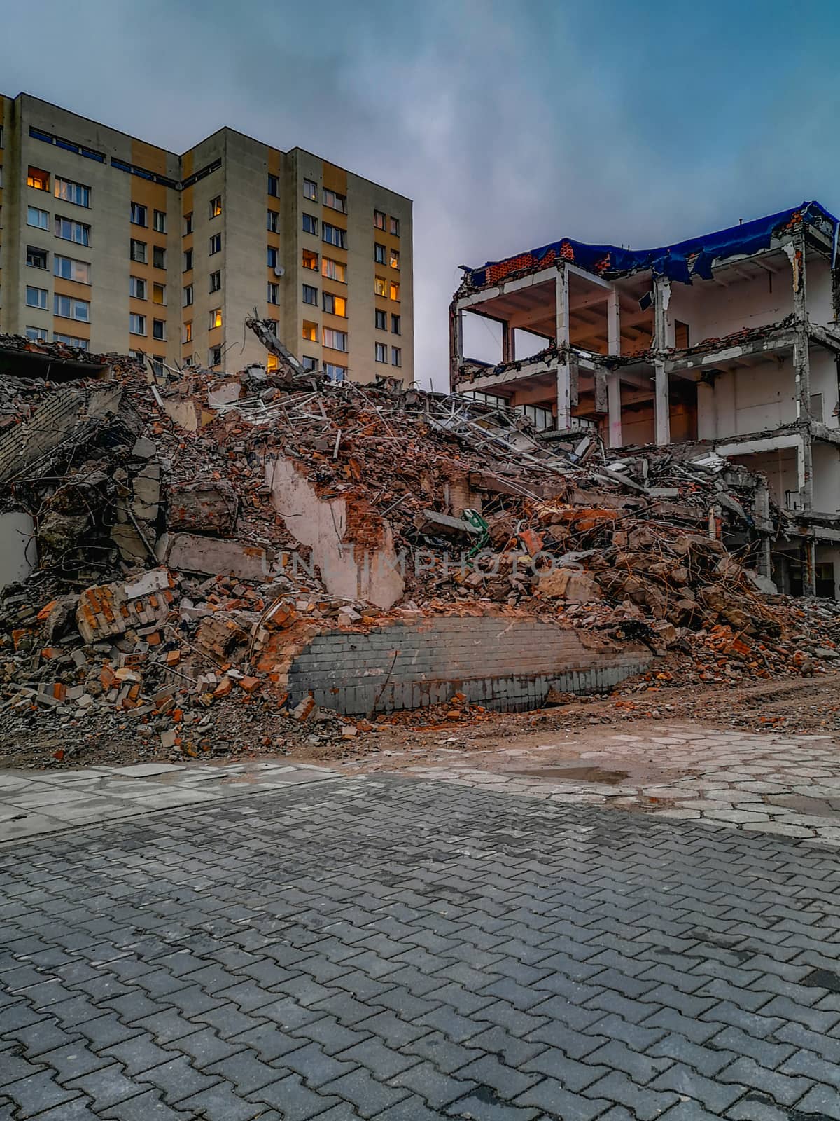 Urbex of destructed building in Warsaw center at cloudy afternoon