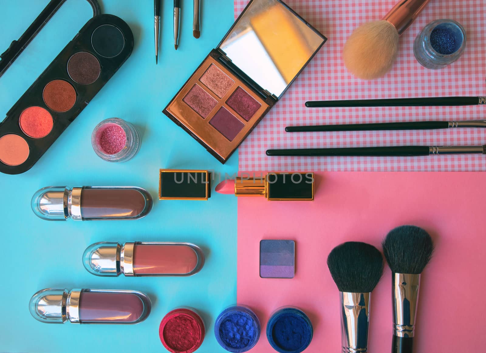 Set of decorative cosmetics on color background