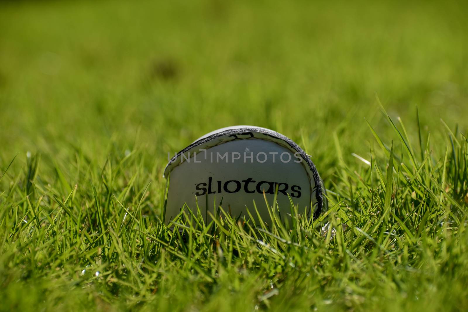 Irish Hurling or Camogie sliotar ball on a grass playing field