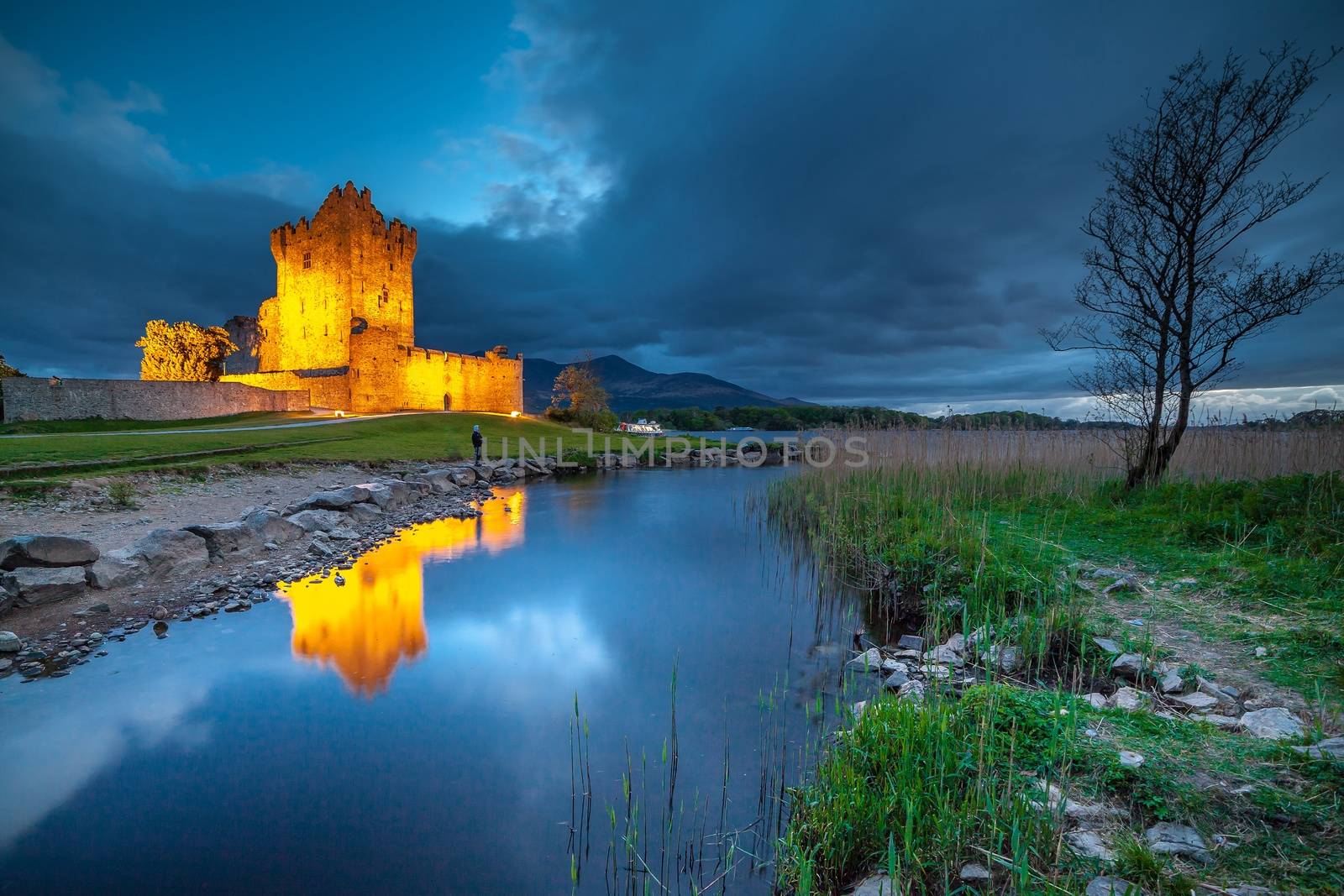 Panorama of ancient Ross Castle ruins with grass during sunset golden orange sky hour nobody by bhavik_jagani