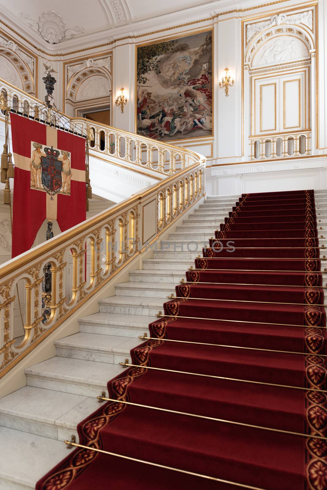 Interiors of royal halls in Christiansborg Palace in Copenhagen Denmark, ancient staircase