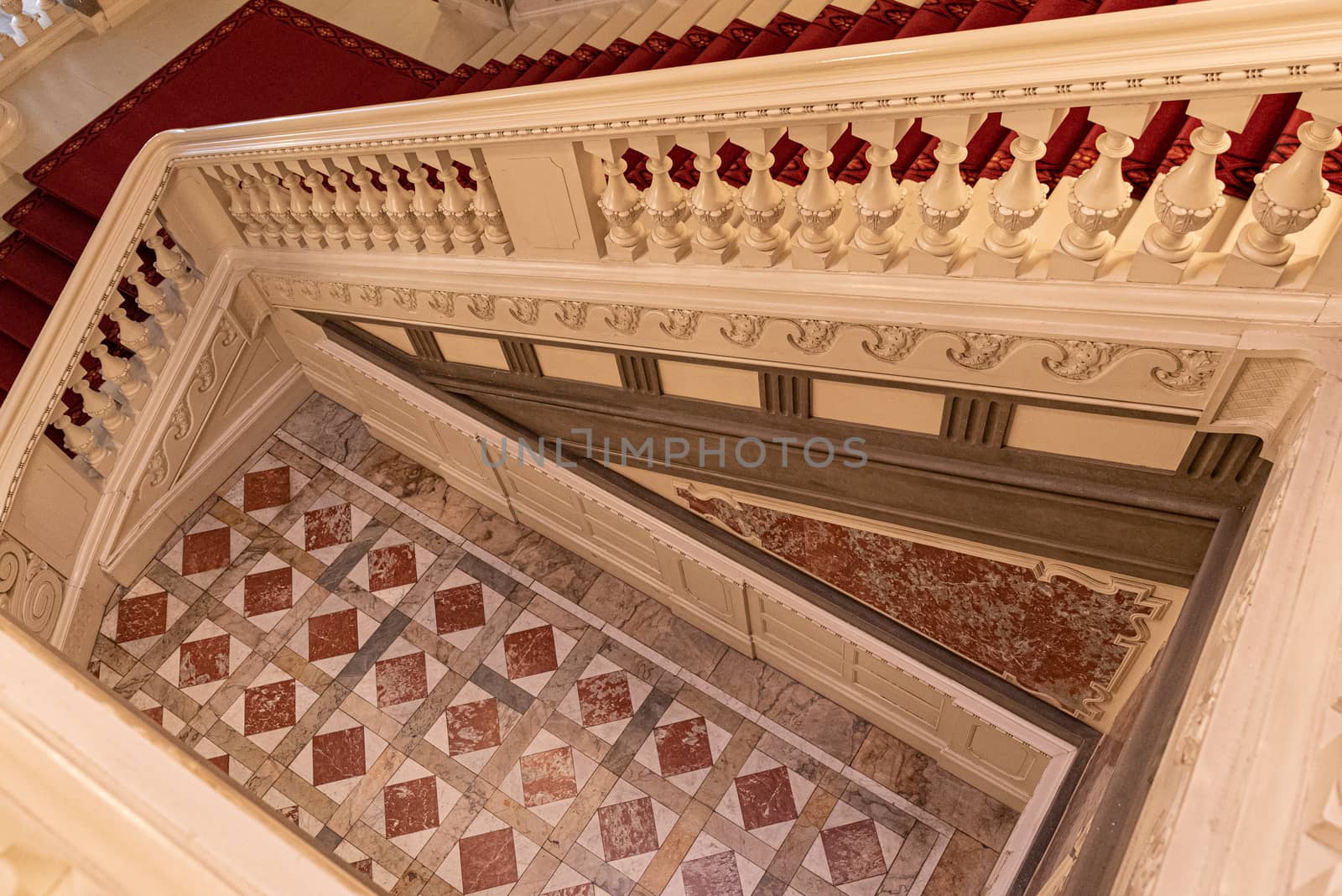 Interiors of royal halls in Christiansborg Palace in Copenhagen Denmark, ancient staircase