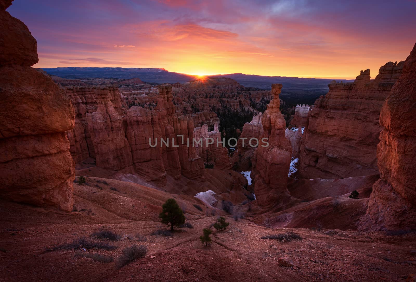 Panoramic view of amazing hoodoos sandstone formations in scenic Bryce Canyon National Park in beautiful golden morning light at sunrise with dramatic sky and blue sky, Utah.