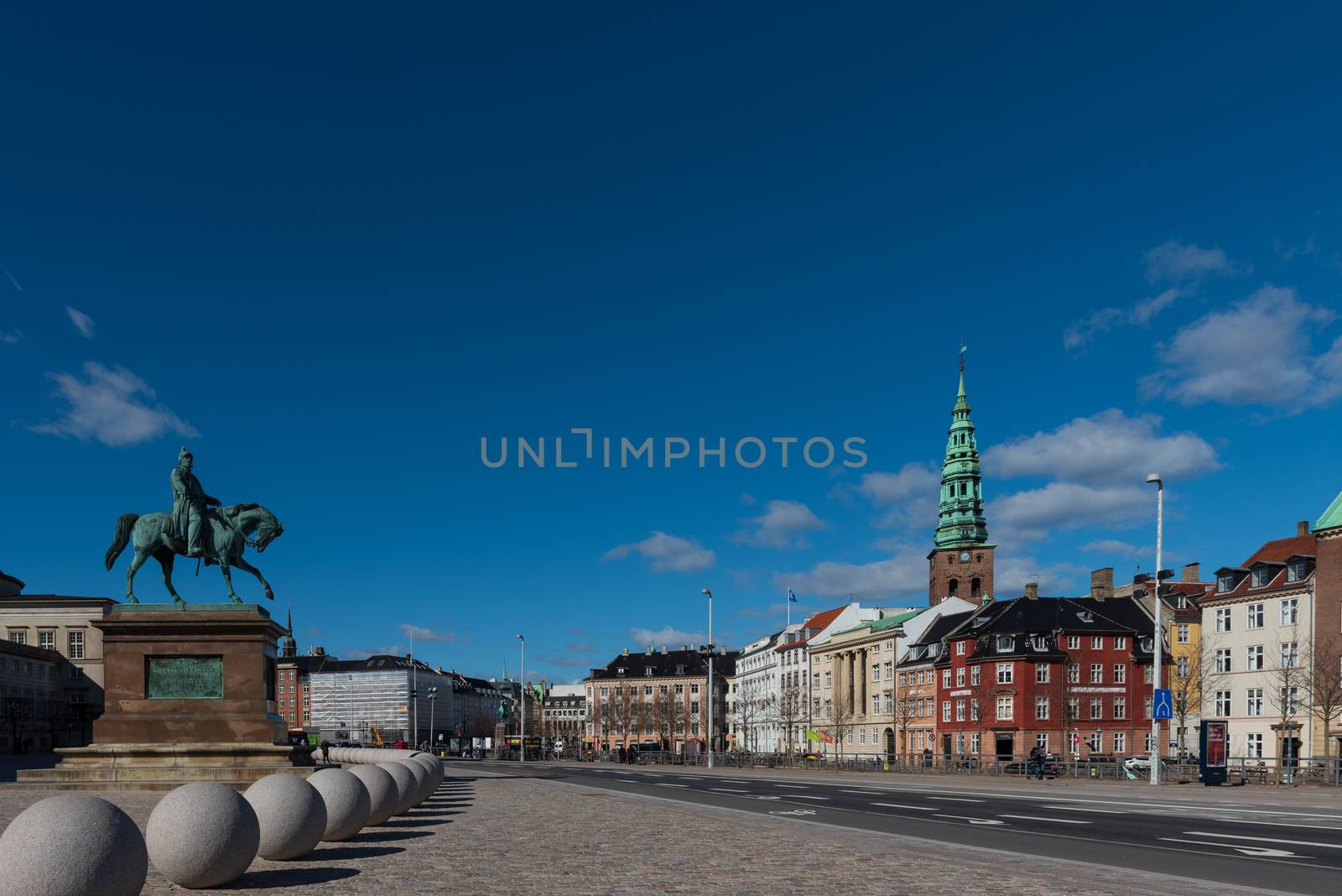 View from Christiansborg Slotsplads, on the left the statue of Frederick IV and on the right in the background the Nikolaj tower, Copenhagen Contemporary Art Center