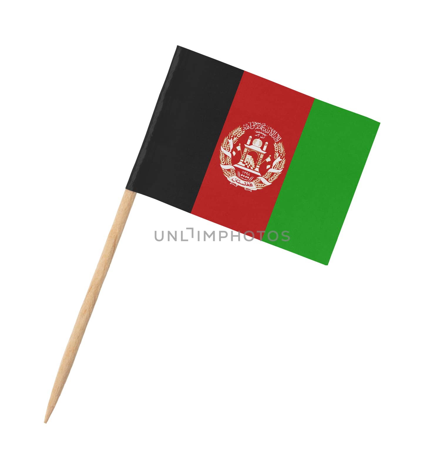 Small paper Afghan flag on wooden stick, isolated on white