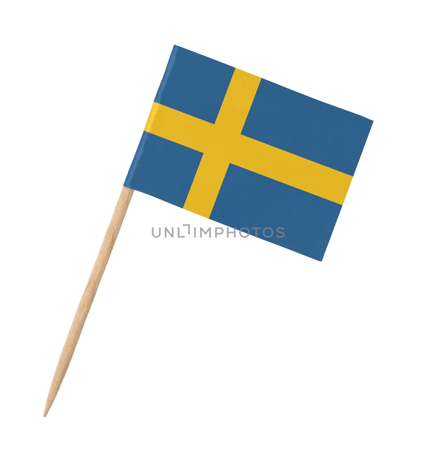 Small paper Swedish flag on wooden stick, isolated on white