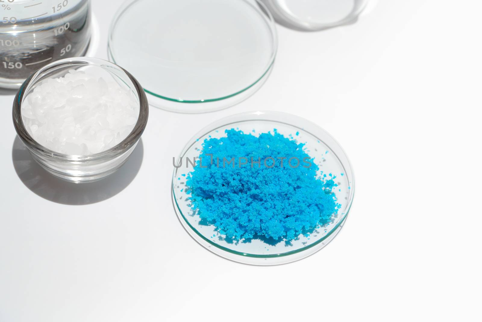 Cosmetic chemicals ingredient on laboratory table. Copper(II) sulfate, Microcrystalline wax, alcohol. Chemical ingredient for Cosmetics & Toiletries product.