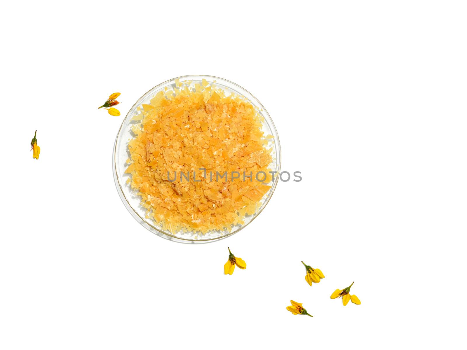 Organic Carnauba Wax comes in the form of hard yellow flakes by chadchai_k