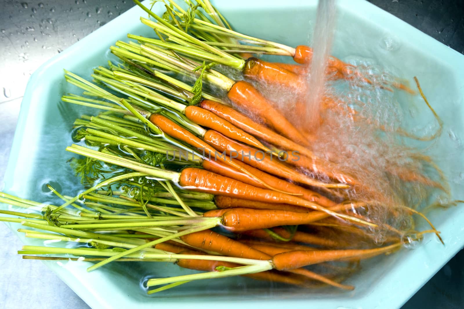 Soak carrots in bowl with water and washing by splash water by Satakorn