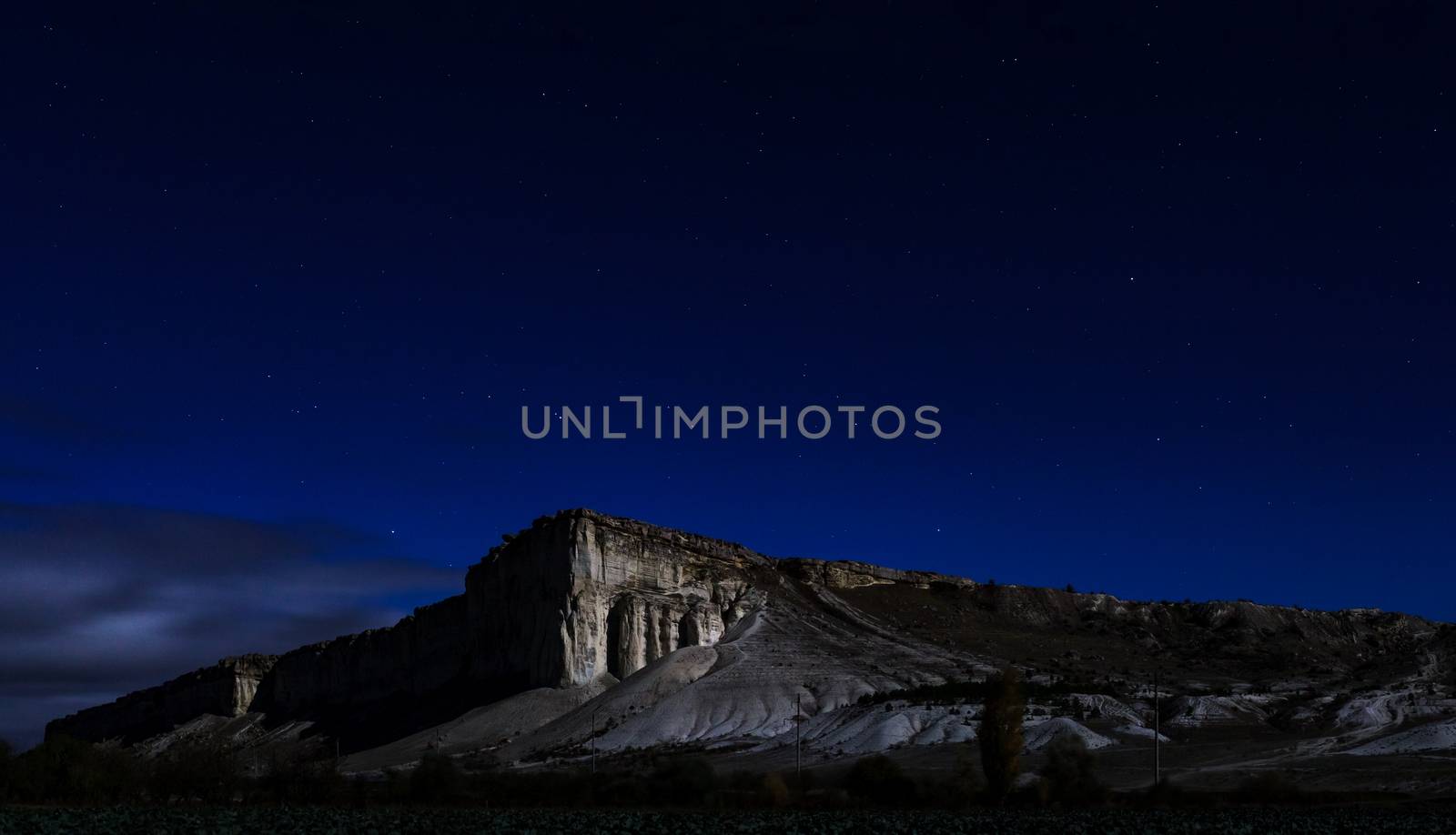 White rock at night, moonlight, Crimean starry sky