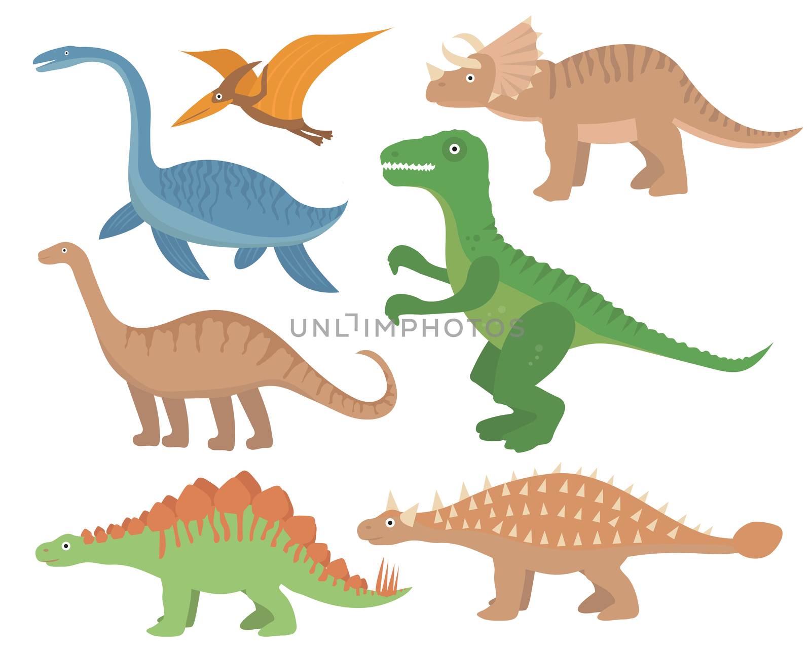 Dinosaurs flat icon set, cartoon style. Collection of objects with pterosaur, stegosaurus, triceratops, allosaurus, tyrannosaurus, apatosaurus, brontosaurus, ankylosaurus, plesiosaurus. by lucia_fox