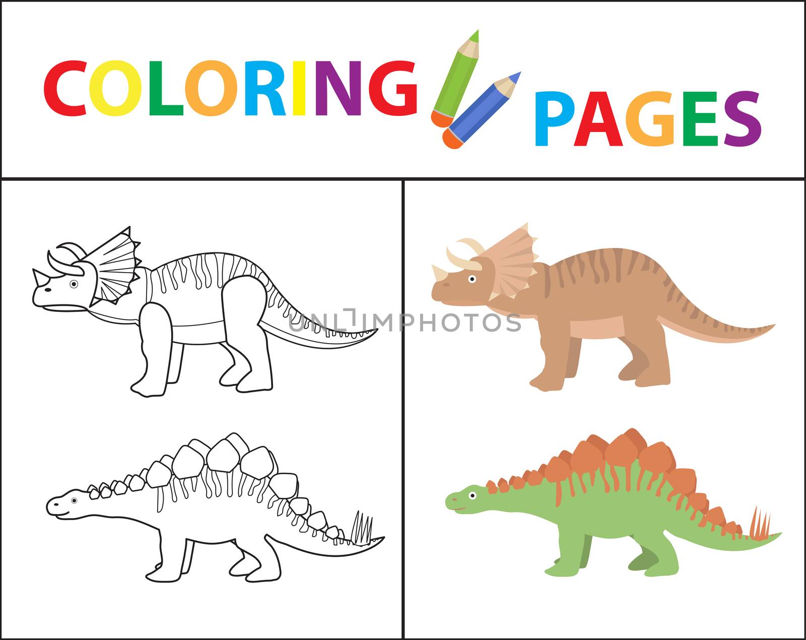 Coloring book page for kids. Dinosaurs set. Sketch outline and color version. Childrens education. illustration.