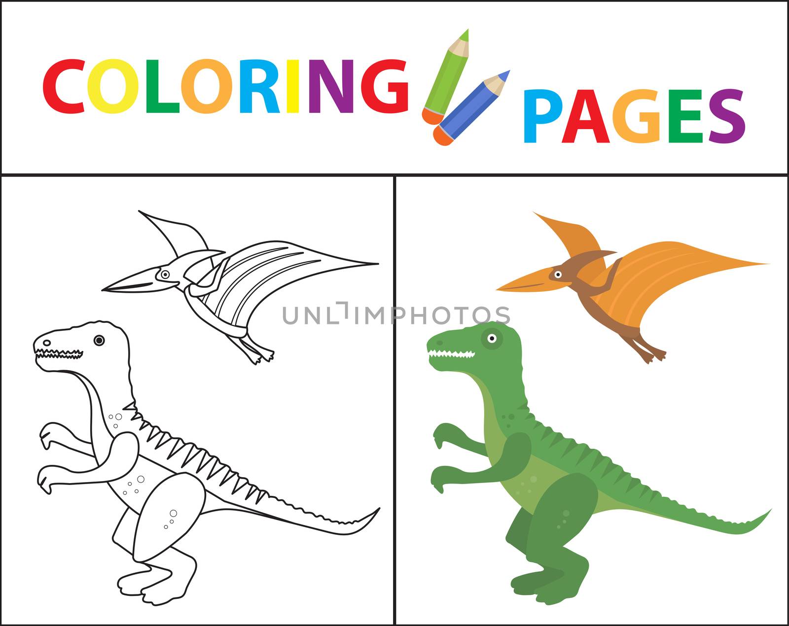 Coloring book page for kids. Dinosaurs set. Sketch outline and color version. Childrens education. illustration.