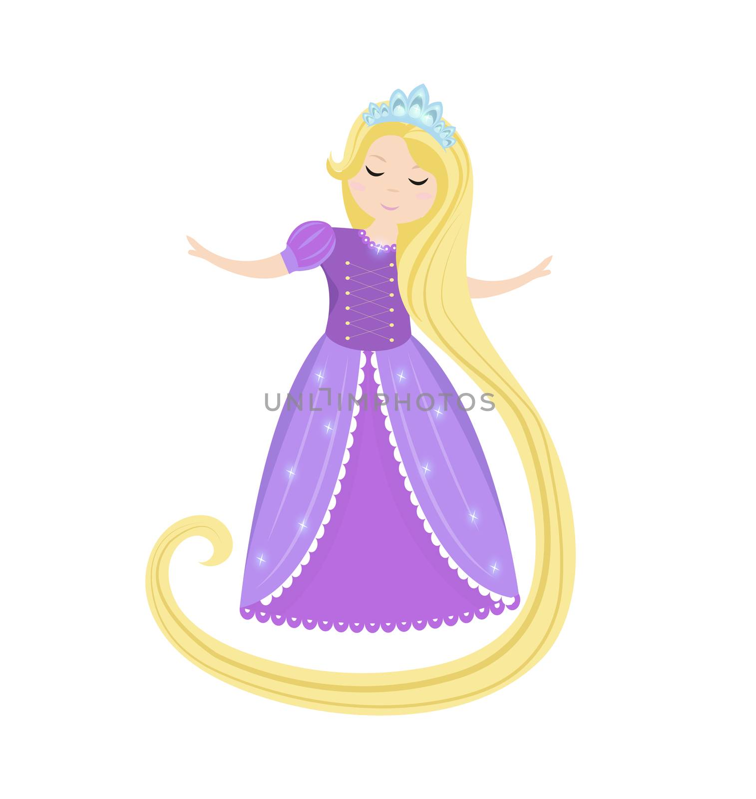 Cute little princess Rapunzel. Kids baby clip art funny smiling character. iillustration