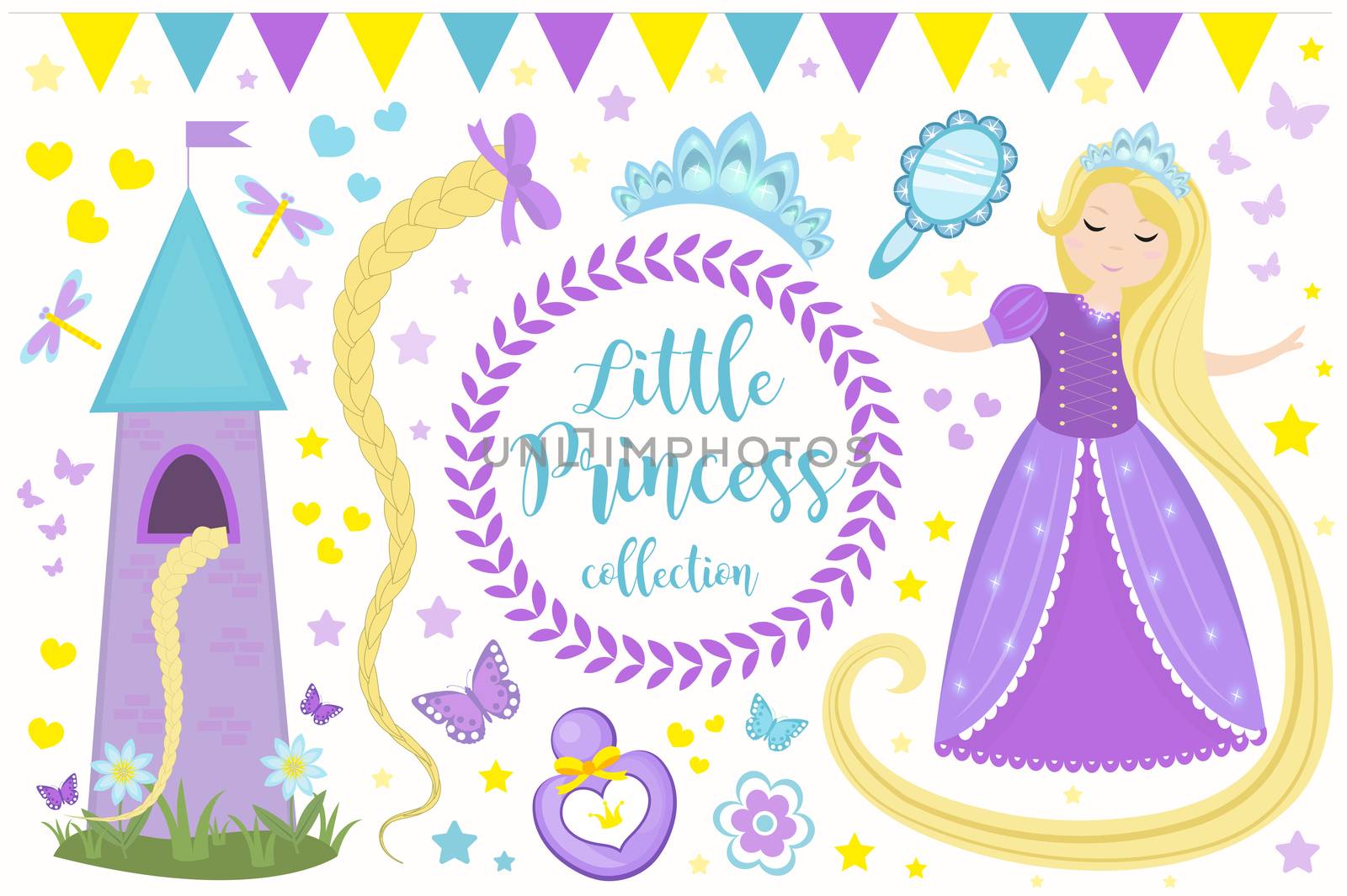 Cute little princess Rapunzel set objects. Collection design element with pretty girl, tower, butterfly, accessories. Kids baby clip art funny smiling character. iillustration