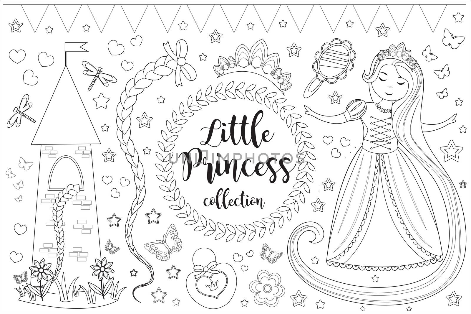 Cute little princess Rapunzel set Coloring book page for kids. Collection of design element sketch outline, doodle style. Kids baby clip art funny smiling kit. illustration.