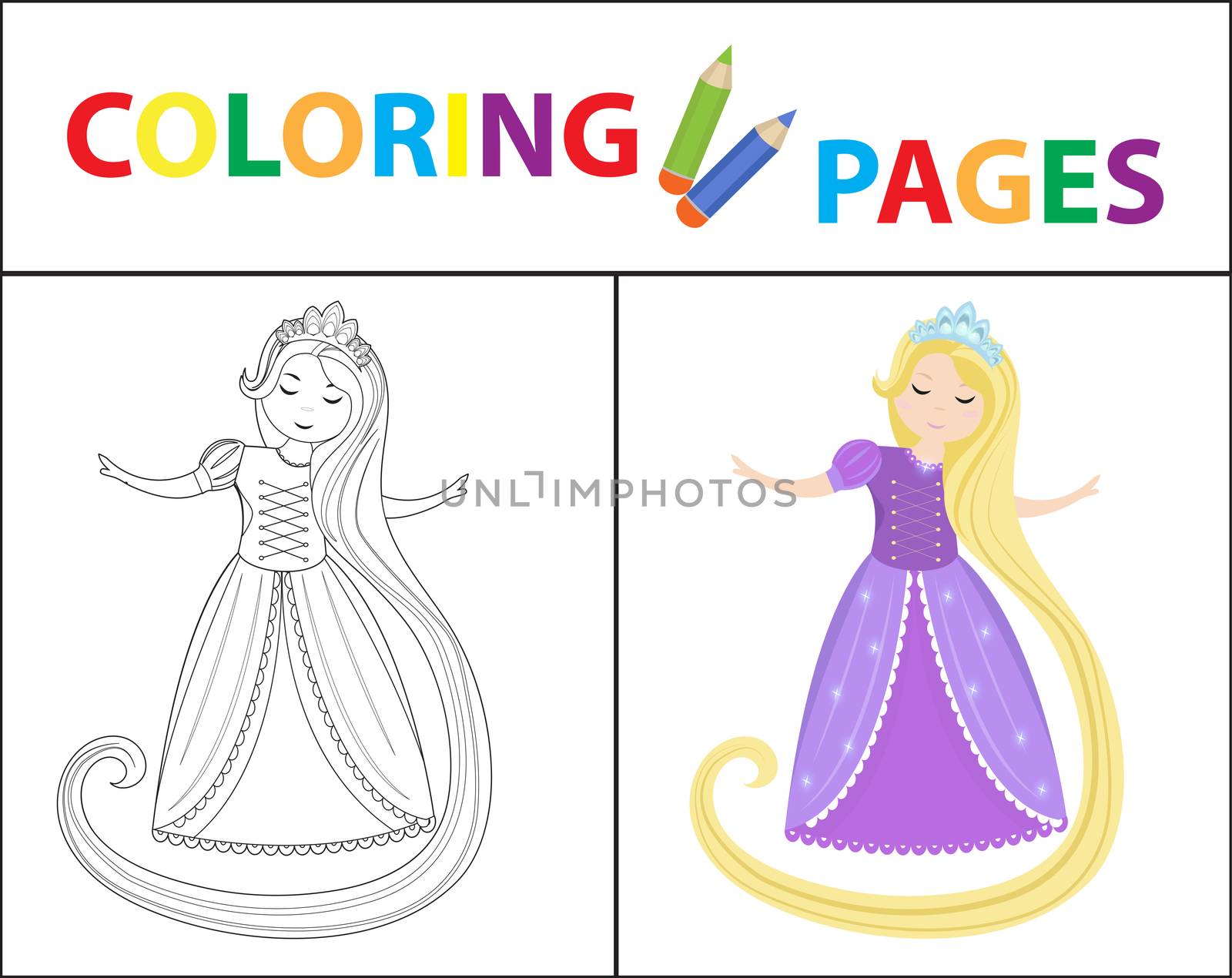 Coloring book page for kids. Rapunsel princess. Sketch outline and color version. Childrens education. illustration. by lucia_fox