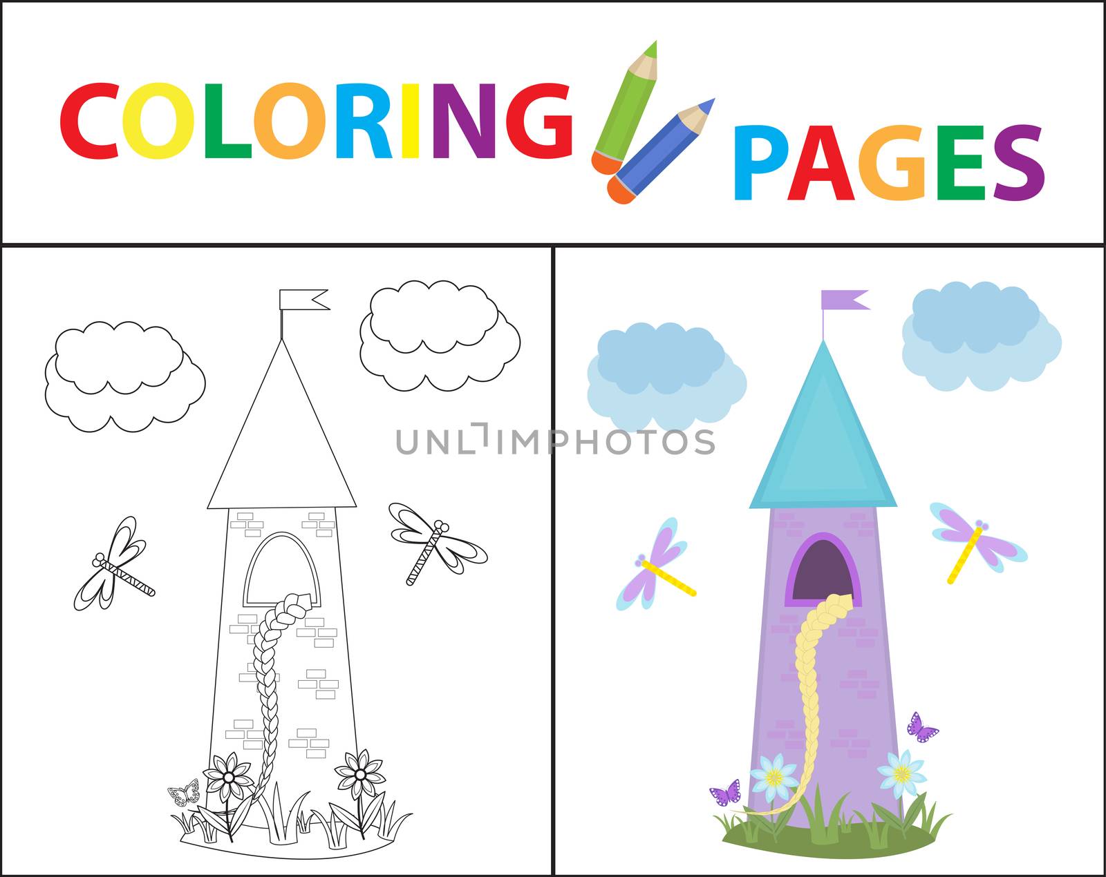 Coloring book page for kids. Rapunsel tower. Sketch outline and color version. Childrens education. illustration.
